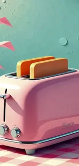 Pastel pink toaster with toast, surrounded by aesthetic decor.