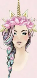 Pastel unicorn with floral crown and braided hair on a light pink background.