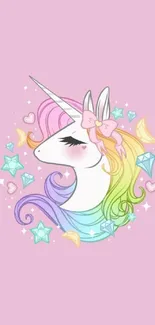 Pastel unicorn with rainbow mane on pink background.