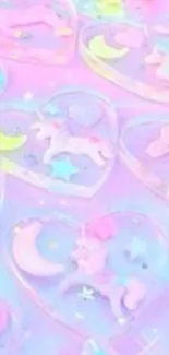 Pastel unicorns and hearts wallpaper with a light pink background.