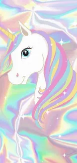 Unicorn with pastel rainbow mane on an iridescent background.