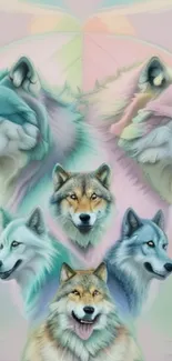 Colorful pastel wolves illustration on a mobile wallpaper.