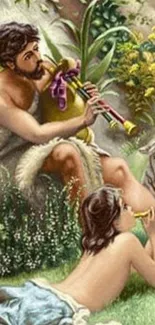 Pastoral scenery with musicians and nature, ideal for phone wallpaper.