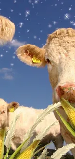 Cows grazing under blue sky mobile wallpaper.