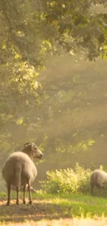 Sheep graze peacefully in a sunlit forest path.