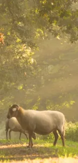 Sheep in sunlit forest glade mobile wallpaper.