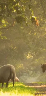 Sheep grazing in a sunlit meadow path, showcasing serene countryside beauty.