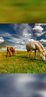 Grazing horses on green field under cloudy sky with mountain backdrop.