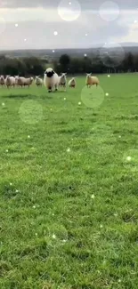 Sheep grazing in a lush green field under a glowing sky.