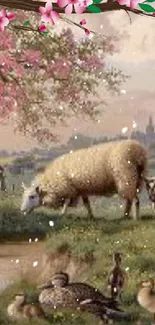 Pastoral sheep with cherry blossoms and snowfall, spring landscape.