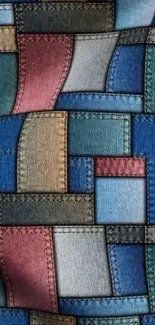 Colorful denim patchwork wallpaper design with geometric patterns.
