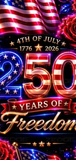250th independence day celebration wallpaper with flags and roses.
