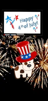 Festive 4th of July wallpaper with fireworks and patriotic dog.