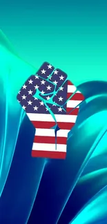 Teal abstract phone wallpaper with a fist in American flag design.