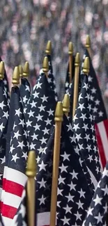 A display of multiple American flags with stars and stripes on a mobile wallpaper.