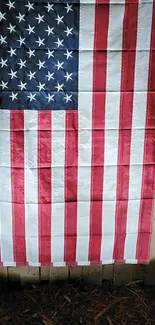 American flag with stars and stripes on wooden backdrop.