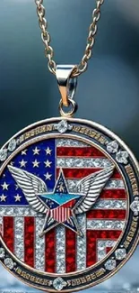 American flag pendant with eagle and star design on a necklace.