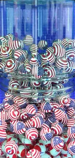 Jar filled with American flag-themed candies on a vibrant background.