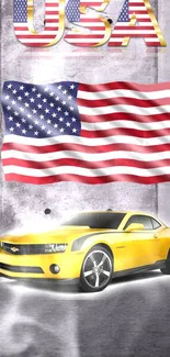 Yellow sports car under a waving USA flag.