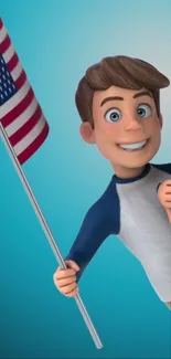 Cartoon boy with flag against a blue backdrop.