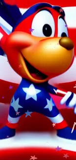 Cheerful cartoon mascot in red, white, and blue stars.