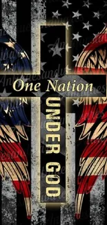 Cross with flag wings and 'One Nation Under God' text in patriotic theme.