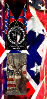 Patriotic wallpaper with deer and flags.