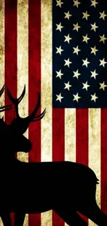 Silhouette of a deer against vintage American flag wallpaper.