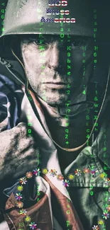 WWII soldier with digital Matrix effects and American flag art.