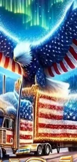 Eagle and truck with American flag against aurora-lit sky.
