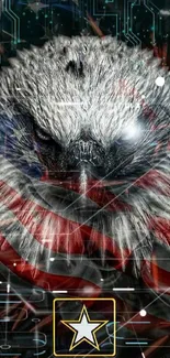 Eagle and U.S. Army logo on American flag wallpaper.