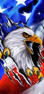 Fierce eagle breaking through American flag with vibrant red and blue colors.