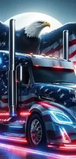 Eagle perched on a semi-truck with American flag design.