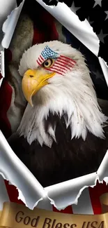 Bald eagle in American flag wallpaper showcasing patriotic pride.