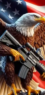 Eagle with rifle against American flag