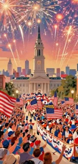 Spectacular fireworks over festive crowd with American flags.