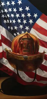 Firefighter helmet with American flag background wallpaper.