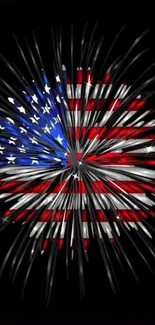 Dynamic firework design in American flag colors on a black background.