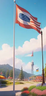 Patriotic flag waving in a tranquil park setting under a clear blue sky.