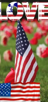 Three American flags with the word LOVE against a floral background.