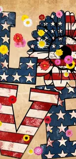 Patriotic 'LOVE' design with flowers in stars and stripes theme.