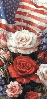 Patriotic floral wallpaper with American flag.
