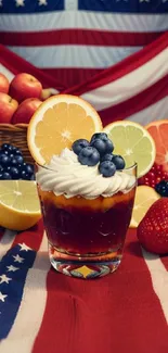 Fruit drink with citrus and berry on patriotic backdrop.