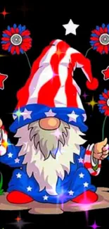 Patriotic gnome with stripes and stars on a black background.