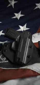 Gun holster on American flag wallpaper with dark design.