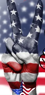 Vibrant American flag hand gesture wallpaper with peace sign and stars.