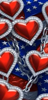 Patriotic wallpaper with chained red hearts and stars.