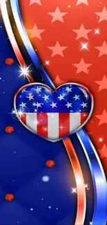 Heart-shaped American flag on red and blue wallpaper.