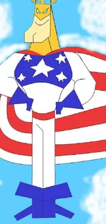 Cartoon superhero in star-spangled costume with blue sky backdrop.