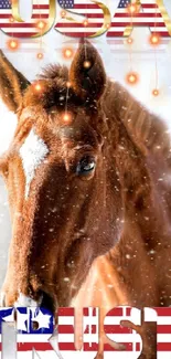 Patriotic horse with USA theme and trust text.